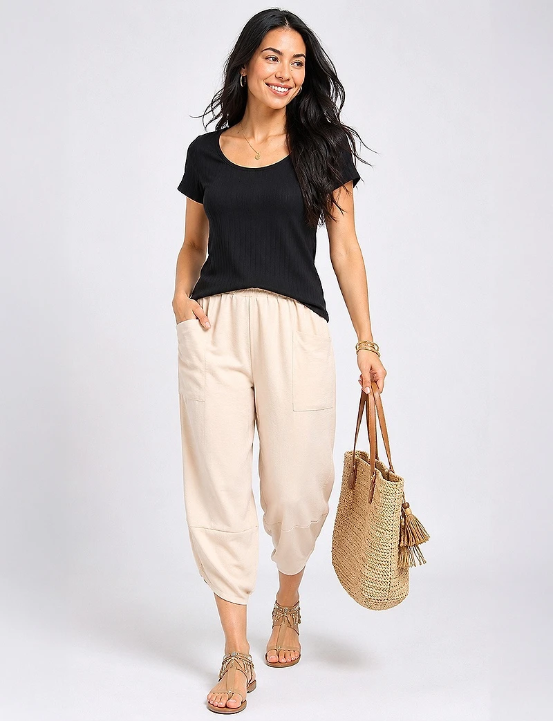 Classic Scoop Neck Solid Ribbed Slim-Fit Short Sleeve Top by Perle