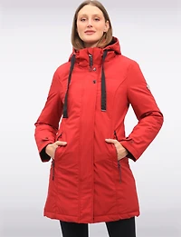 Straight Fit Vegan Smooth Polyloft® Coat Detachable Faux Fur Lined Hood by Saki