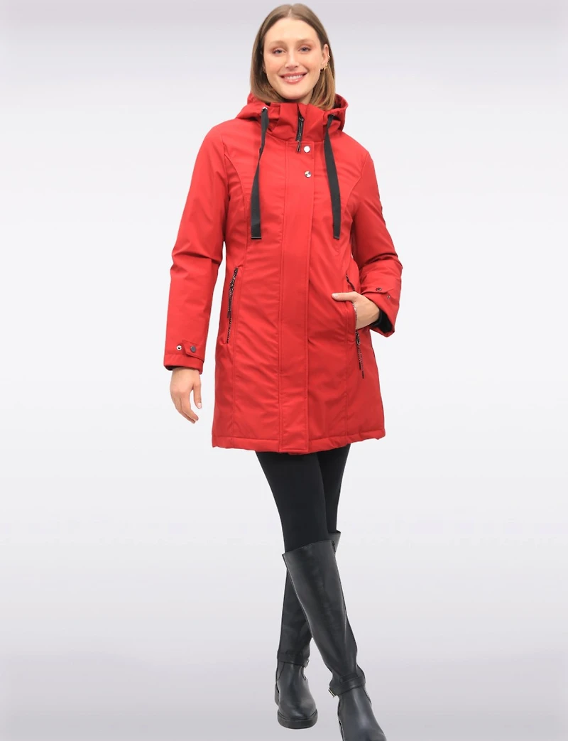 Straight Fit Vegan Smooth Polyloft® Coat Detachable Faux Fur Lined Hood by Saki