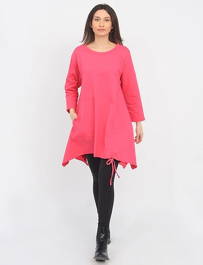 Solid Three-Quarter Sleeves Tunic with Drawstring & Pocket Details by Froccella