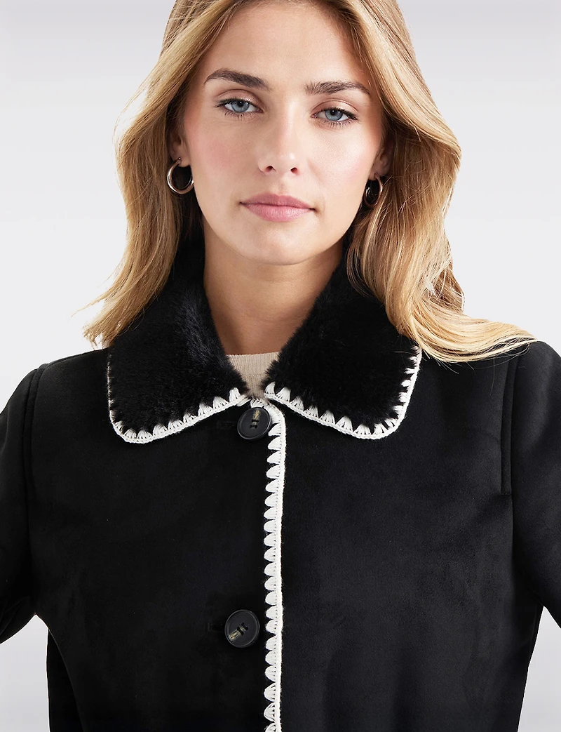 Chic Cropped White Stitch Trim Faux Suede and Fur Lined Coat by Ellen Tracy