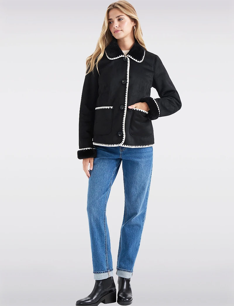 Chic Cropped White Stitch Trim Faux Suede and Fur Lined Coat by Ellen Tracy