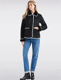 Chic Cropped White Stitch Trim Faux Suede and Fur Lined Coat by Ellen Tracy