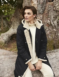 Chic Straight Cut Water Resistant Sherpa Trim Detachable Hood Coat by Frandsen