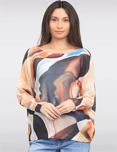 Chic Long Dolman Sleeves Boatneck Abstract Face Printed Knit Top by Froccella