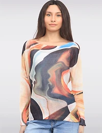 Chic Long Dolman Sleeves Boatneck Abstract Face Printed Knit Top by Froccella