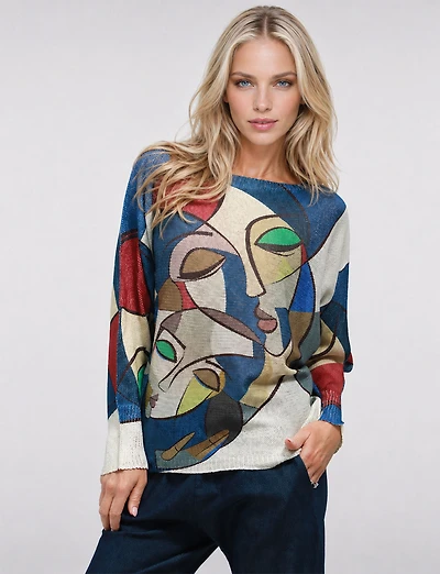 Blue Abstract Design Boatneck Fine-Knit Sweater Long Dolman Sleeve by Froccella