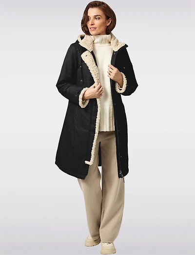 Chic Straight Cut Water Resistant Sherpa Trim Detachable Hood Coat by Frandsen