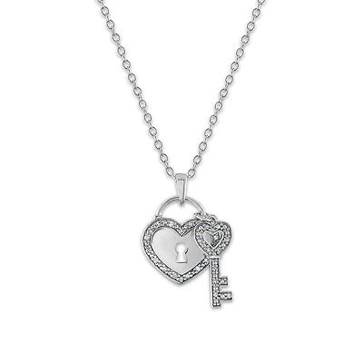 1/10 CTW Natural Diamond 18-inch Heart Lock and Key Pendant in Sterling Silver