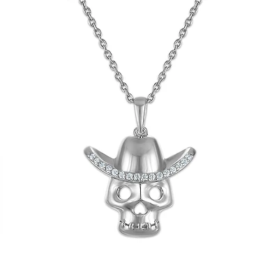 Natural Diamond Accent 18-inch Calaca in Hat Pendant in Sterling Silver