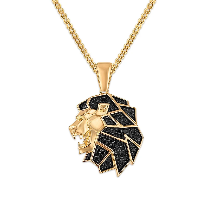 1/2 CTW Black Natural Diamond Lion Head Pendant in Gold Plated Sterling Silver