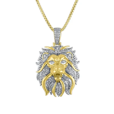 1/2 CTW Natural Diamond Lion Head Pendant in Gold Plated Sterling Silver