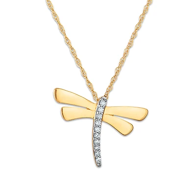 Natural Diamond Accent 18-inch Dragonfly Pendant in 10KT Yellow Gold