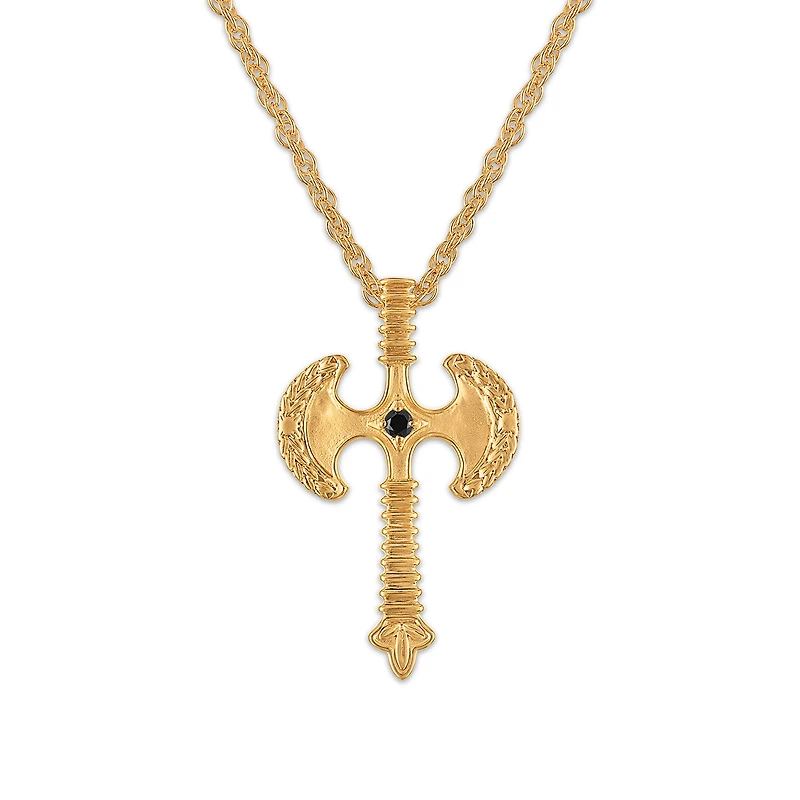 Natural Black Diamond Accent 22-inch Axe Pendant in Gold Plated Sterling Silver