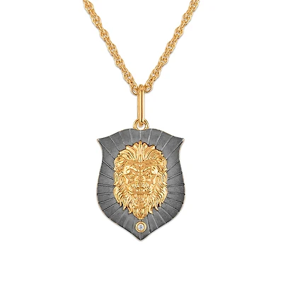 Natural Diamond Accent 22-inch Lion Head Pendant in Gold Plated Sterling Silver