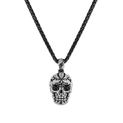 Serpents and Saints Natural Diamond Accent 22-inch Skull Pendant in Sterling Silver
