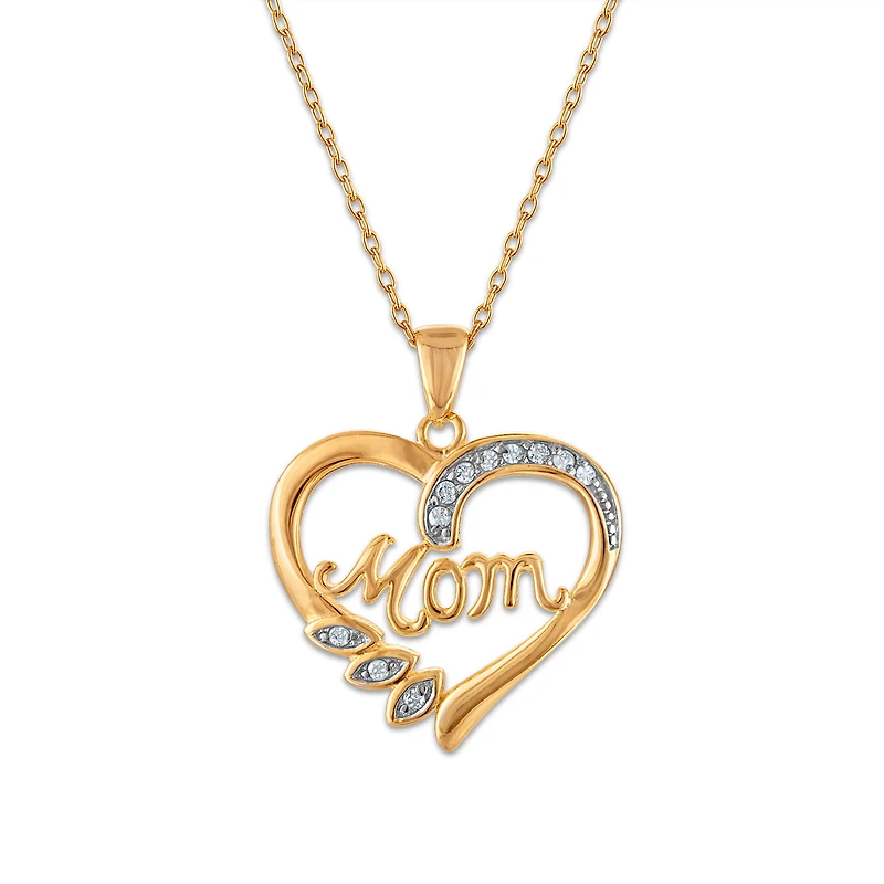 1/10 CTW Natural Diamond Heart Mom 18-inch Pendant in Gold Plated Sterling Silver