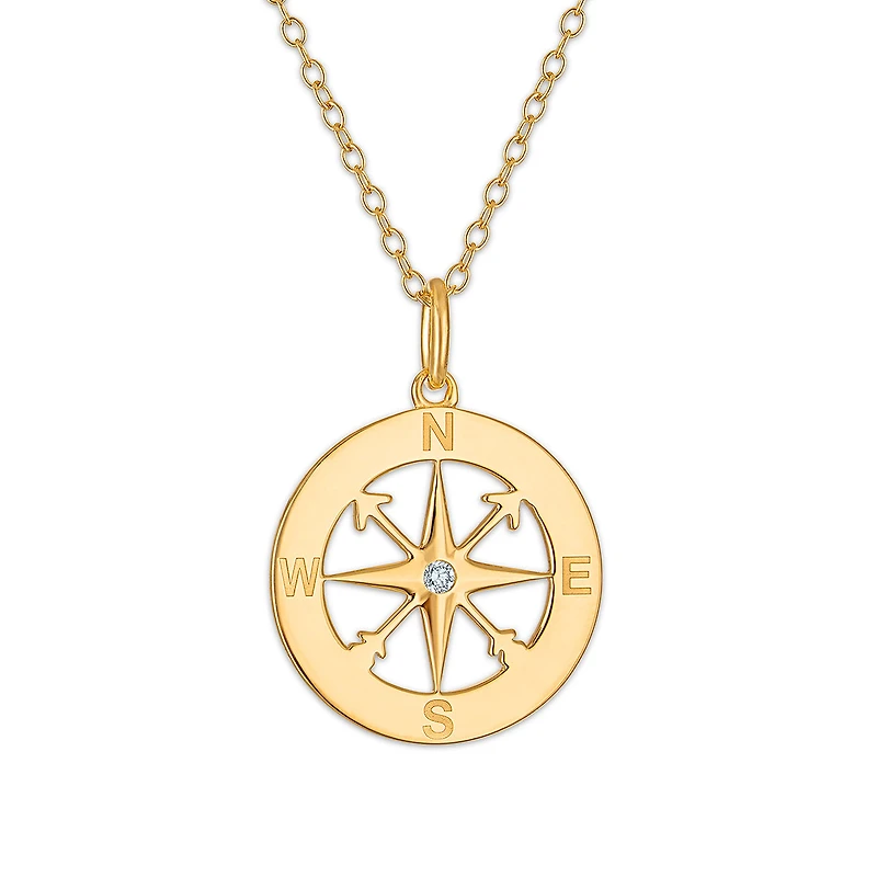Natural Diamond Accent Compass Pendant in Gold Plated Sterling Silver