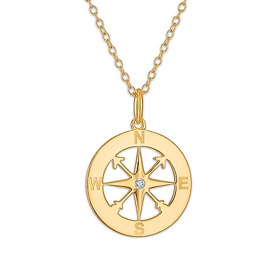 Natural Diamond Accent Compass Pendant in Gold Plated Sterling Silver