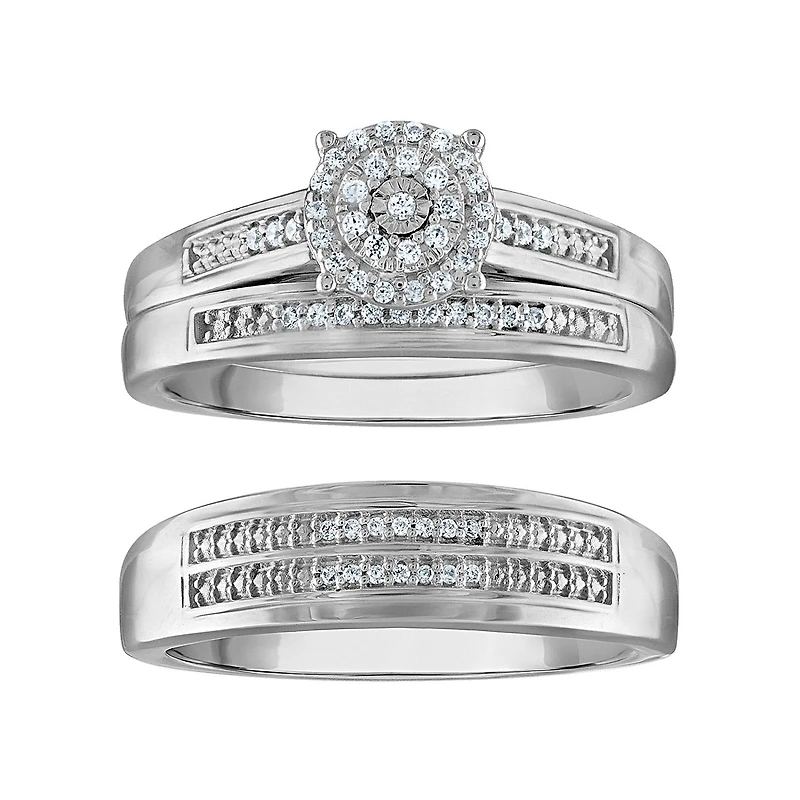 1/5 CTW Natural Diamond Halo Wedding Trio Set in 10KT White Gold