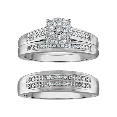 1/5 CTW Natural Diamond Halo Wedding Trio Set in 10KT White Gold