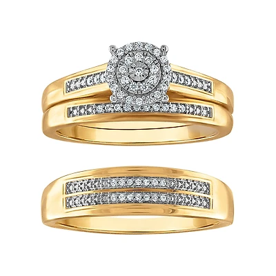 1/5 CTW Natural Diamond Halo Wedding Trio Set in 10KT Yellow Gold