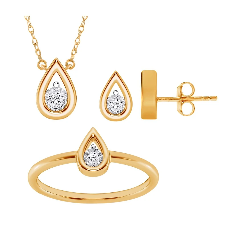 1/10 CTW Natural Diamond Ring Pendant Earrings Set in Gold Plated Sterling Silver