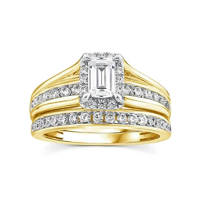 Red Hot Deal 1-1/2 CTW Lab Grown Diamond Halo Bridal Set in 10KT Yellow Gold
