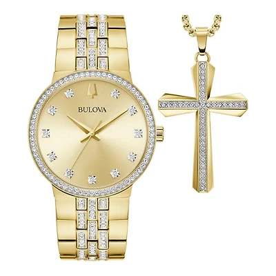 Bulova Crystal Accent Goldtone Watch with 40MM Dial and Cross Pendant Box Set. 98K113