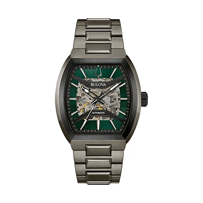 Bulova Maquina Automatic with 40MM Green Skeleton Dial Gunmetal Case. 98A321
