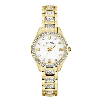 Bulova Crystal Collection Watch with 28MM Goldtone Stainless Steel Bracelet. 98L306