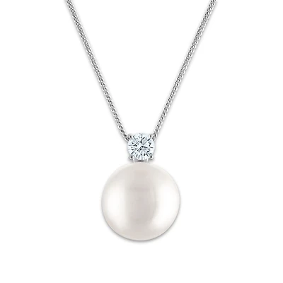 12MM Round Shell Pearl and Cubic Zirconia 18-inch Pendant in Sterling Silver