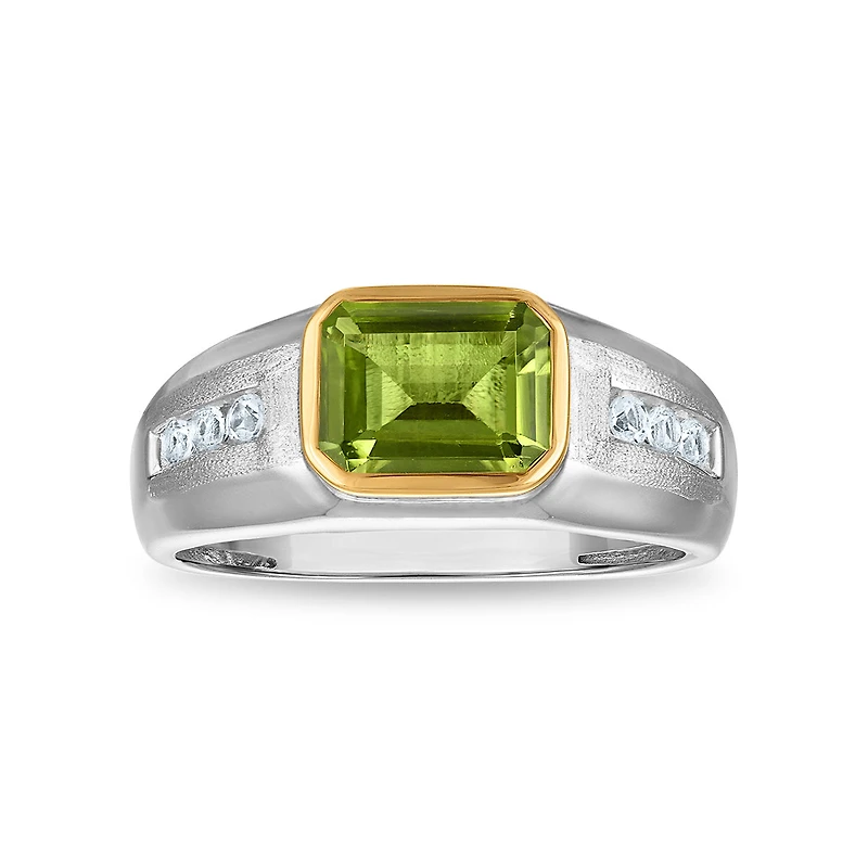 9X7MM Emerald Shape Peridot and White Sapphire Ring in Sterling Silver and 10K Yellow Gold