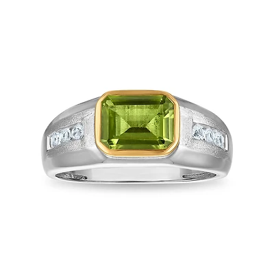 9X7MM Emerald Shape Peridot and White Sapphire Ring in Sterling Silver and 10K Yellow Gold