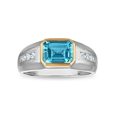 9X7MM Emerald Shape Blue Topaz and White Sapphire Ring in Sterling Silver and 10K Yellow Gold