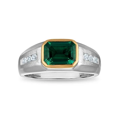 9X7MM Emerald Shape Emerald and White Sapphire Ring in Sterling Silver and 10K Yellow Gold