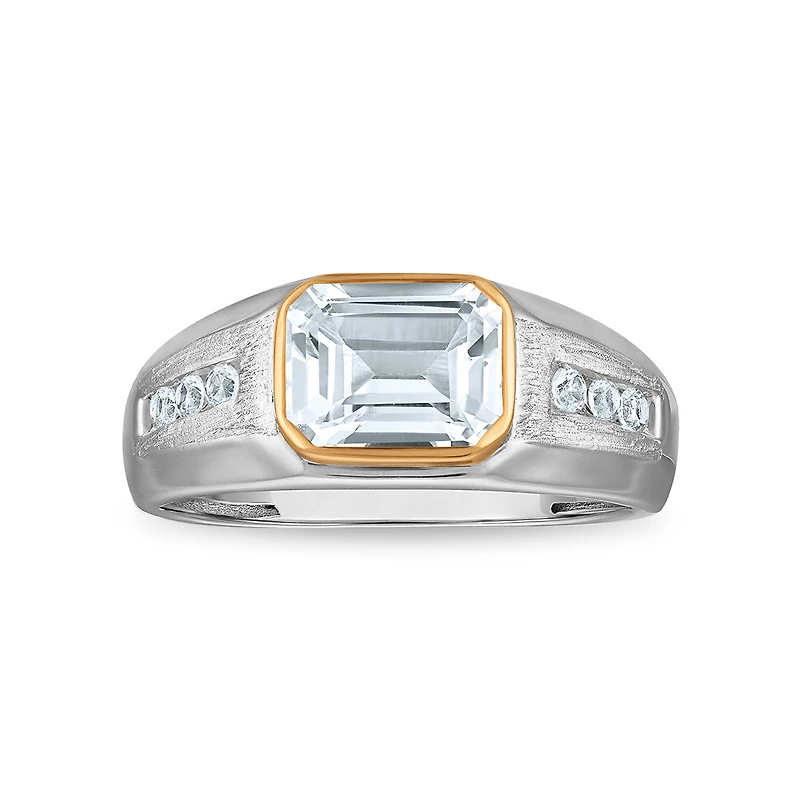 9X7MM Emerald Shape White Sapphire Ring in Sterling Silver and 10K Yellow Gold