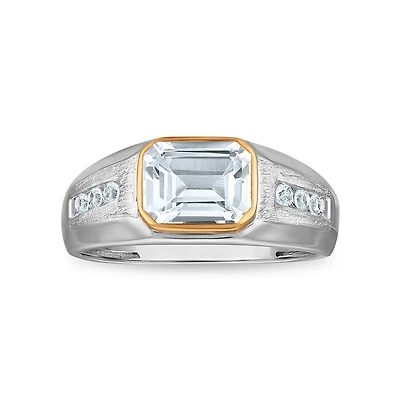 9X7MM Emerald Shape White Sapphire Ring in Sterling Silver and 10K Yellow Gold