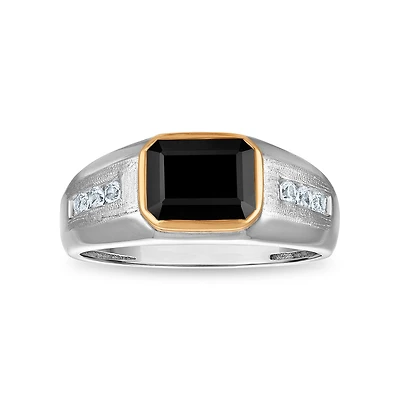 9X7MM Emerald Shape Onyx and White Sapphire Ring in Sterling Silver and 10K Yellow Gold