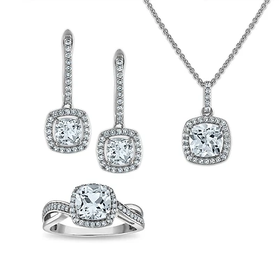 Cushion Shaped White Sapphire Halo Box Set in Sterling Silver