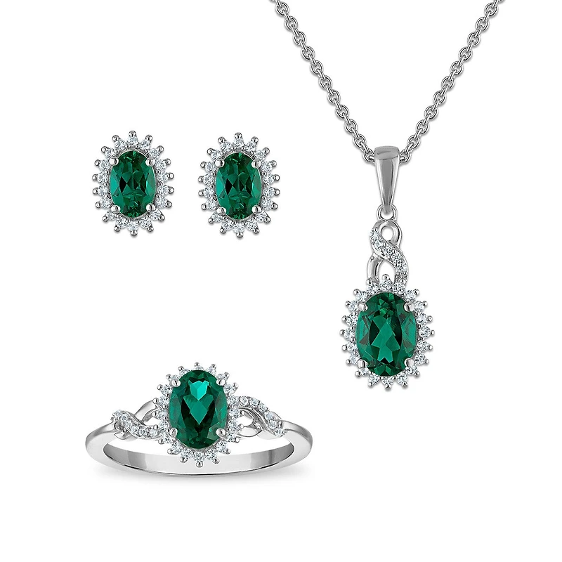 Sterling Silver Created Emerald and White Sapphire 3 Piece Set