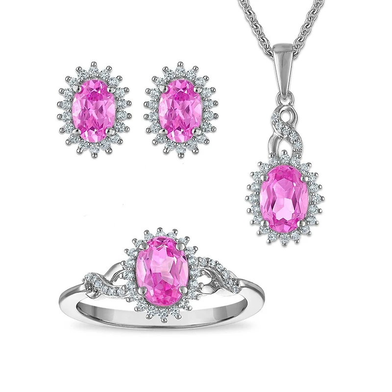 Sterling Silver Created Pink and White Sapphire 3 Piece Set