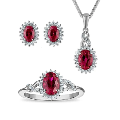 Sterling Silver Created Ruby and White Sapphire 3 Piece Set