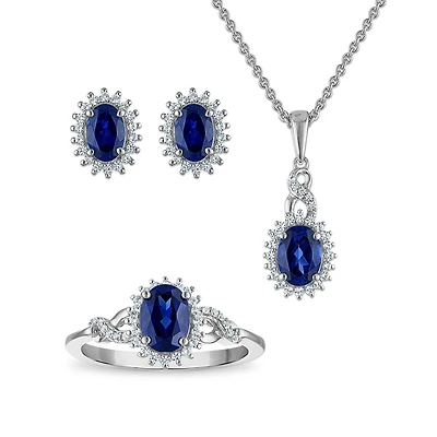 Sterling Silver Created Blue and White Sapphire 3 Piece Set