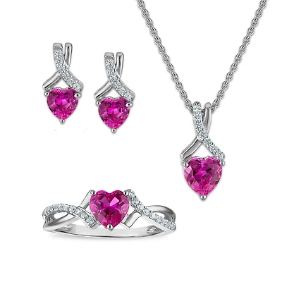 Sterling Silver Heart-Shaped Created Pink and White Sapphire 3 Piece Set