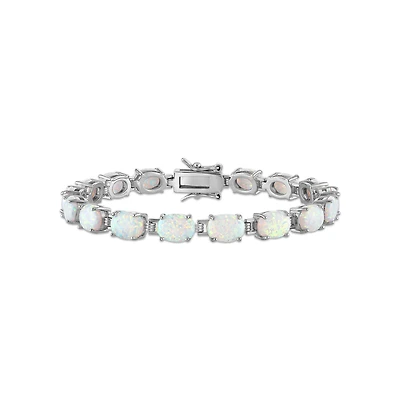 8X6MM Oval Lab Created Opal 7.5-inch Tennis Bracelet in Rhodium Plated Sterling Silver