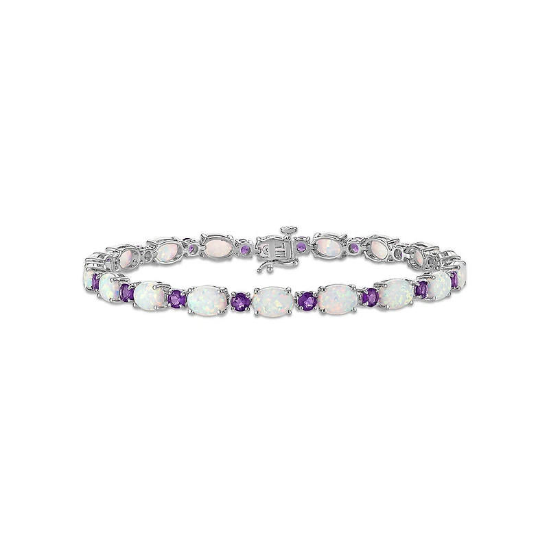 7X5MM Oval Opal and Amethyst 7.5-inch Tennis Bracelet in Rhodium Plated Sterling Silver