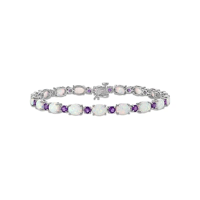 7X5MM Oval Opal and Amethyst 7.5-inch Tennis Bracelet in Rhodium Plated Sterling Silver