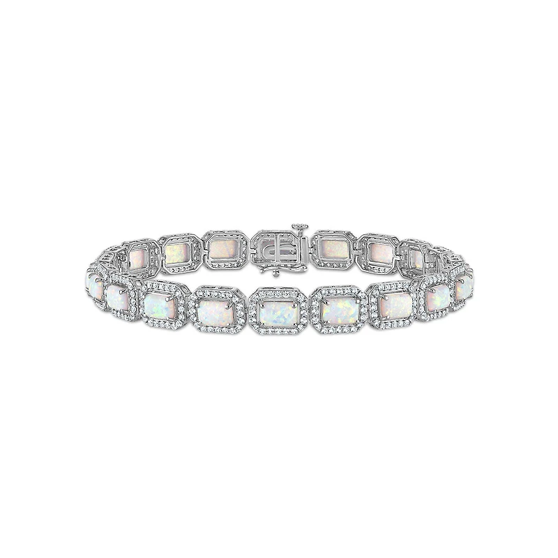 6X4MM Emerald Shape Opal and White Sapphire 7.5-inch Halo Tennis Bracelet in Rhodium Plated Sterling Silver