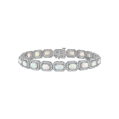 6X4MM Emerald Shape Opal and White Sapphire 7.5-inch Halo Tennis Bracelet in Rhodium Plated Sterling Silver